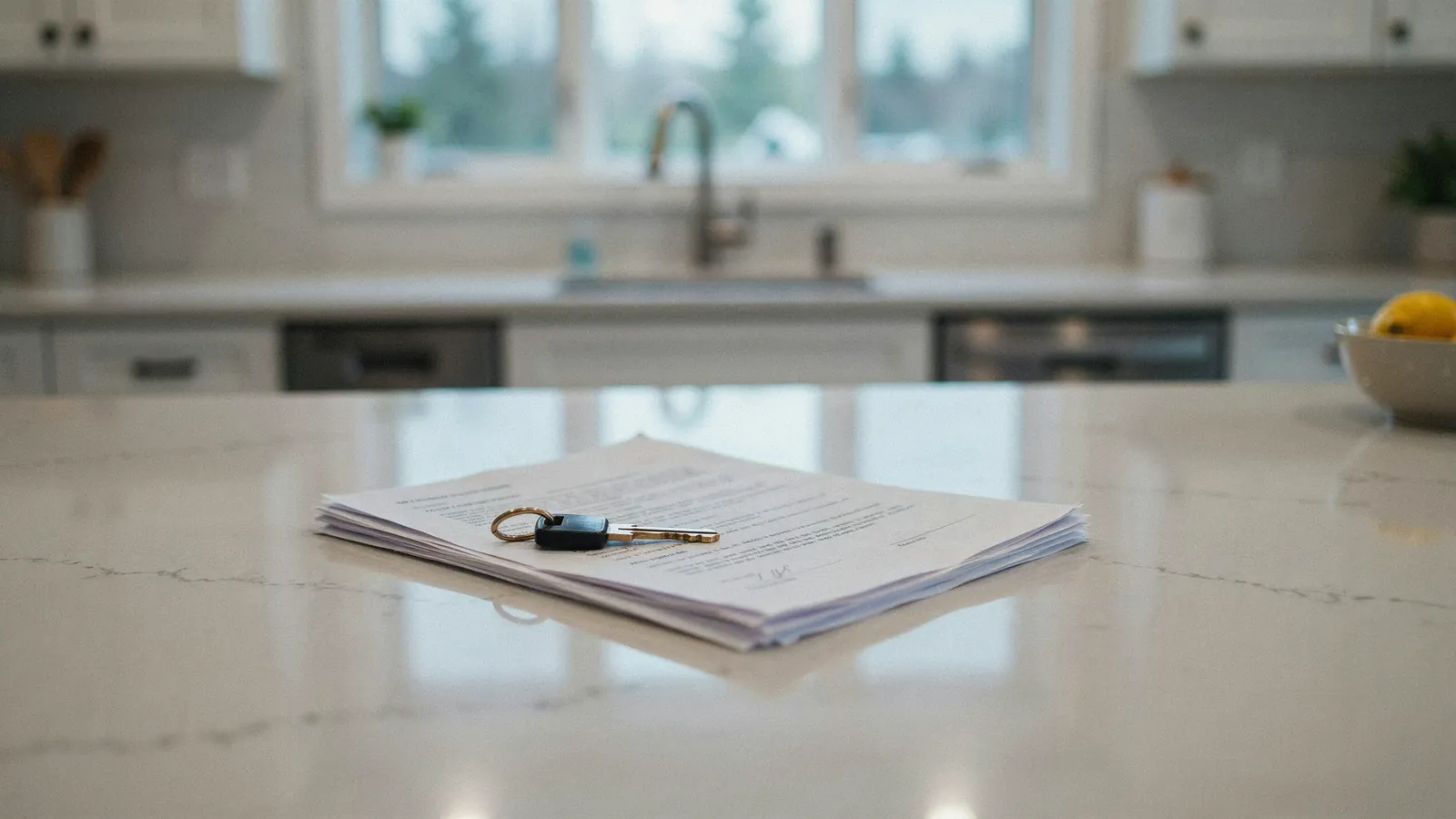 House keys resting on sale paperwork on a kitchen counter, a cash offer on a home in Red Deer
