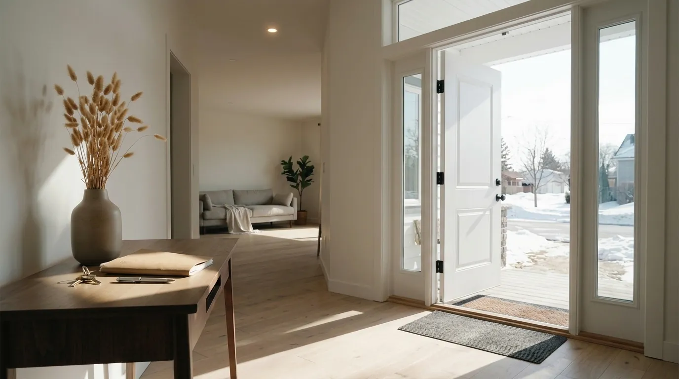 An open front door onto a bright hallway, the alternatives to foreclosure still open in Red Deer