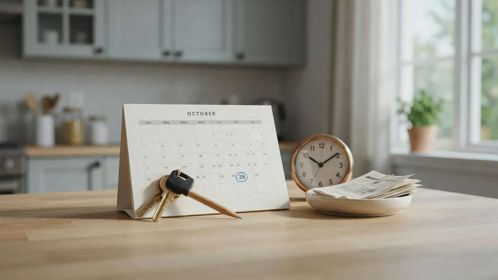 House keys resting beside a paper calendar with a date circled, marking the foreclosure timeline in Red Deer
