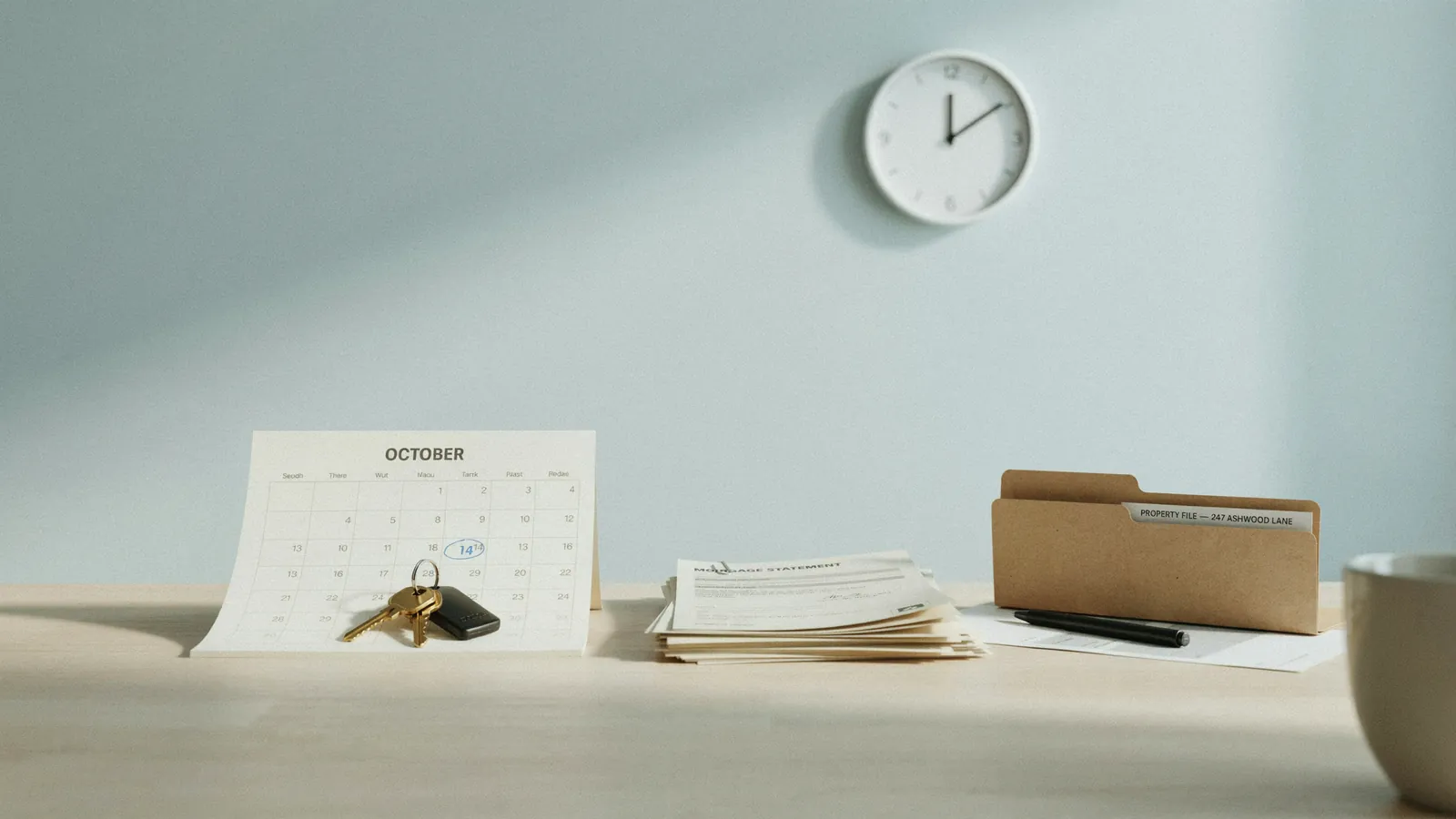 A residential property file open on a desk with calendar pages and a pen, showing how the foreclosure process in Red Deer moves stage by stage