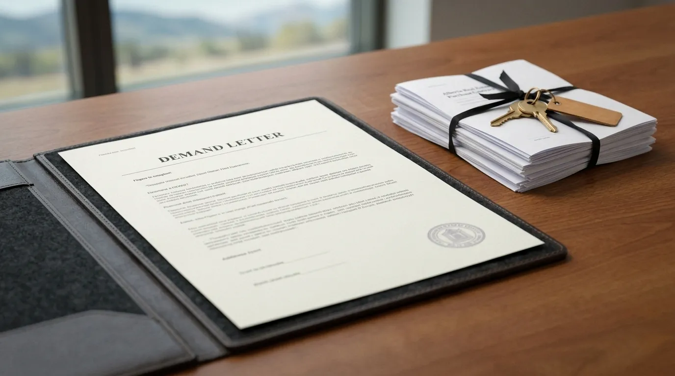 Mortgage paperwork and a demand letter on a desk, refinancing to stop foreclosure in Red Deer